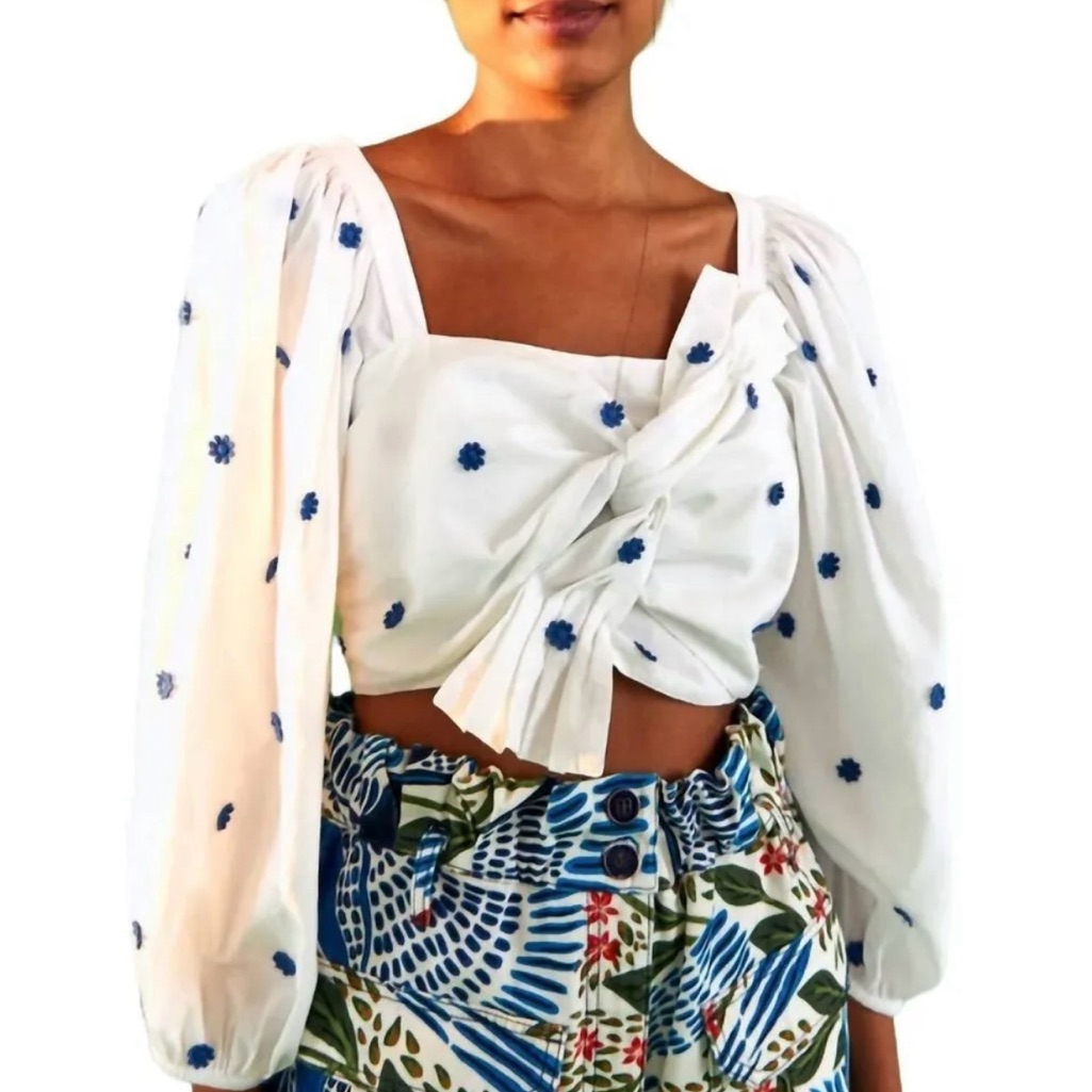 Nwt!! Farm Rio White With Blue Flowers Crop Top.